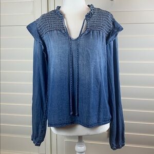 Cloth & Stone Womens Blouse Top Small Tencel Denim Peasant Smocked Long Sleeve